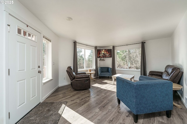 living area with baseboards and wood finished floors