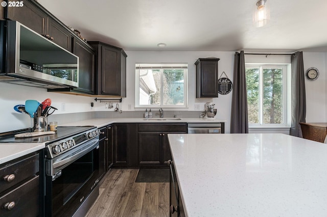 kitchen featuring dark wood finished floors, dark brown cabinetry, a sink, and stainless steel appliances