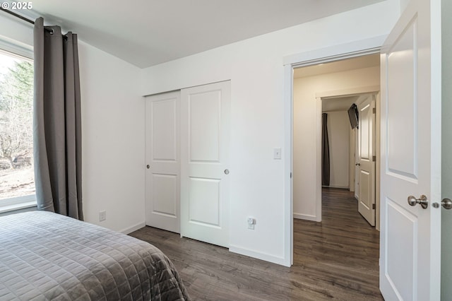 bedroom featuring dark wood-style floors, baseboards, and a closet