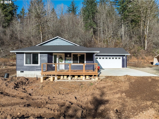 single story home featuring a porch, concrete driveway, roof with shingles, a garage, and crawl space