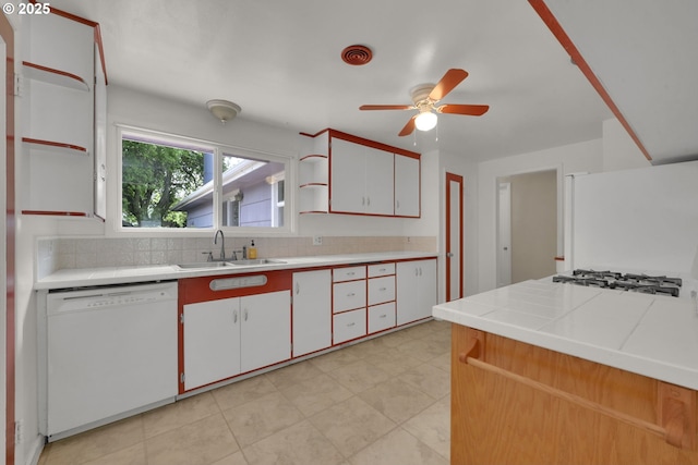 150 Maynard Ave, Eugene, OR 97404 - kitchen with white appliances, a sink, open shelves, and decorative backsplash