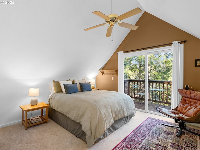 carpeted bedroom with ceiling fan, lofted ceiling, and access to outside