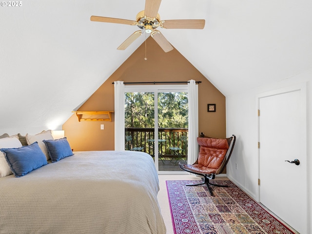 bedroom with ceiling fan, lofted ceiling, and access to outside