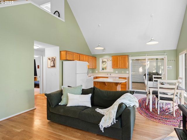 living room with high vaulted ceiling and light hardwood / wood-style flooring