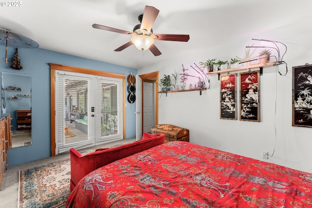 bedroom with carpet floors, access to exterior, and a ceiling fan
