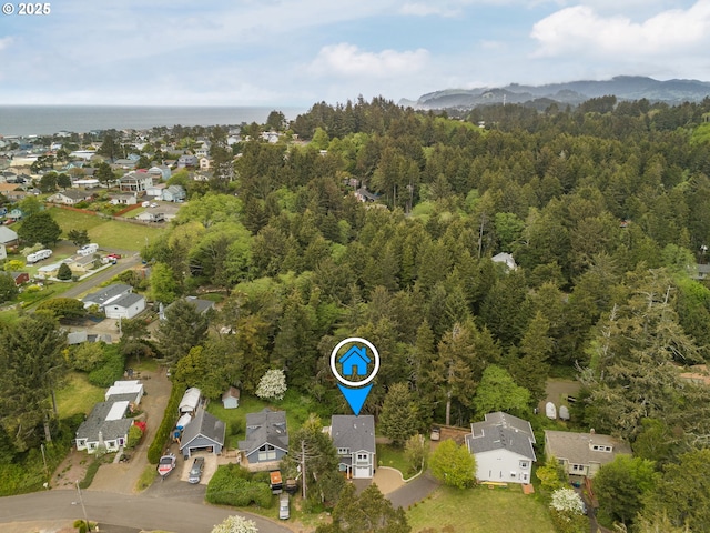 1937 NE 7th Dr, Lincoln City, OR 97367 - aerial overview of property's location featuring a heavily wooded area, a mountain backdrop, and nearby suburban area