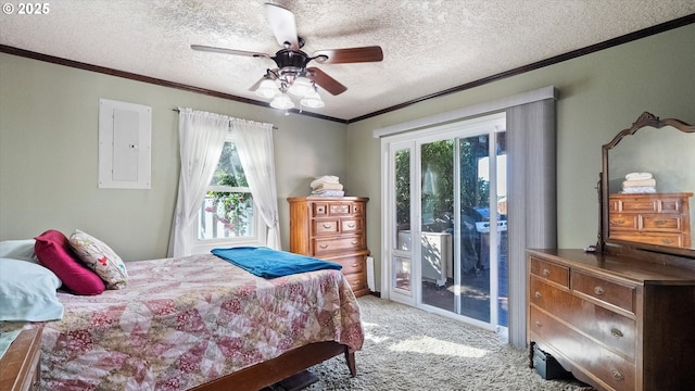 468 E Sunset Dr, Hermiston, OR 97838 - bedroom with access to outside, ornamental molding, a textured ceiling, carpet, and electric panel