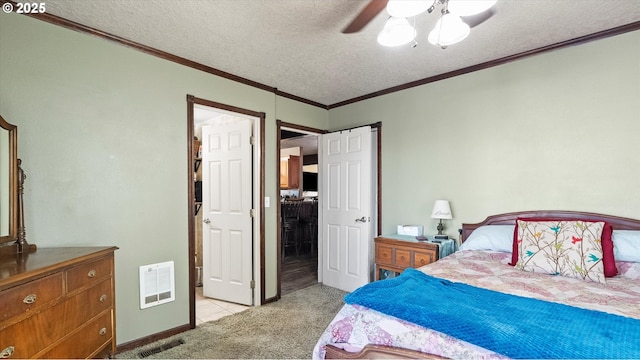 468 E Sunset Dr, Hermiston, OR 97838 - bedroom featuring light carpet, ornamental molding, a textured ceiling, and a ceiling fan