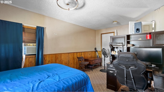468 E Sunset Dr, Hermiston, OR 97838 - carpeted bedroom with a wainscoted wall, a textured ceiling, wood walls, an office area, and cooling unit