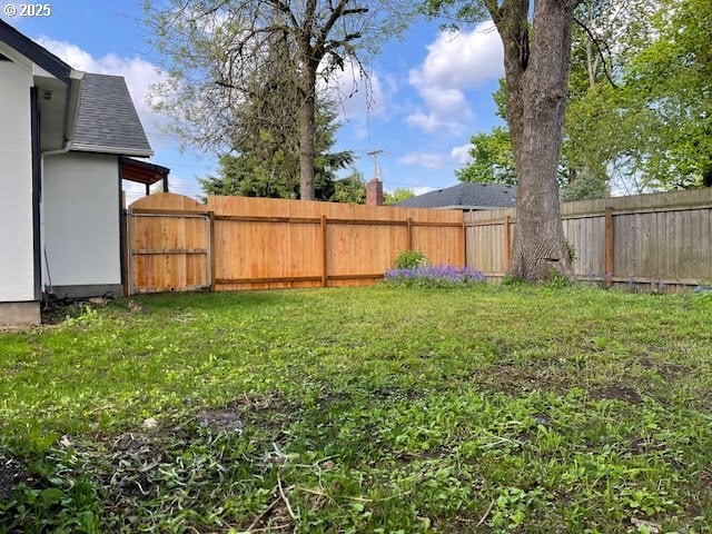 view of yard featuring a fenced backyard and a gate