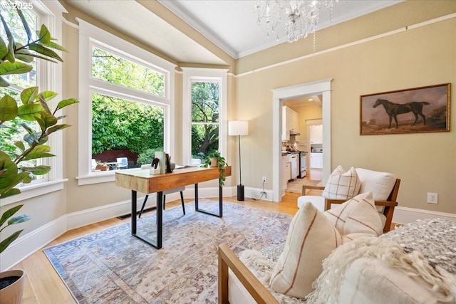 1520 SE 54th Ave, Portland, OR 97215 - office featuring ornamental molding, a chandelier, and light wood-style floors