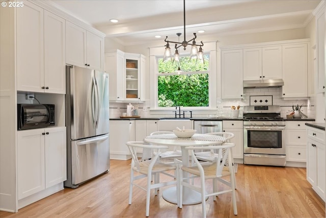 1520 SE 54th Ave, Portland, OR 97215 - kitchen with appliances with stainless steel finishes, under cabinet range hood, dark countertops, white cabinets, and tasteful backsplash