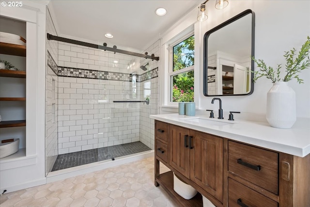 1520 SE 54th Ave, Portland, OR 97215 - full bathroom featuring vanity, a shower stall, tile patterned floors, and recessed lighting
