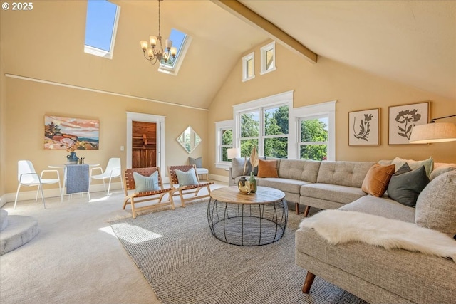 1520 SE 54th Ave, Portland, OR 97215 - carpeted living room with high vaulted ceiling, a chandelier, beam ceiling, and baseboards