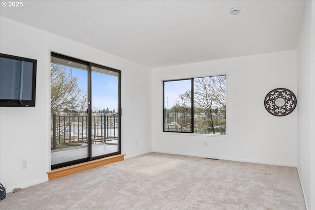 carpeted spare room with a wealth of natural light, visible vents, and baseboards