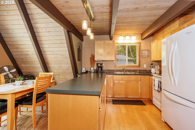 kitchen featuring white appliances, a sink, light brown cabinetry, wood ceiling, and beamed ceiling