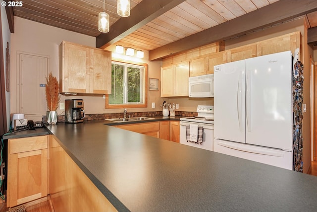 kitchen with white appliances, light brown cabinets, a sink, dark countertops, and wooden ceiling
