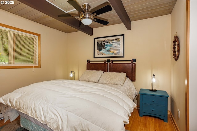 bedroom featuring wood finished floors, beam ceiling, and wood ceiling