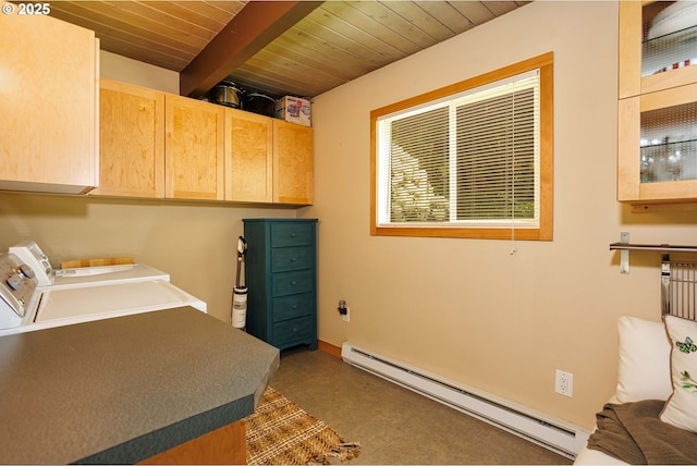washroom featuring baseboard heating, washing machine and dryer, cabinet space, wooden ceiling, and carpet floors