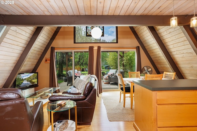 living room with wooden ceiling and light wood-type flooring
