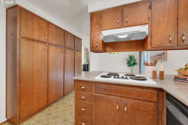 1770 W 28th Ave, Eugene, OR 97405 - kitchen with dishwasher, white electric cooktop, under cabinet range hood, and brown cabinets