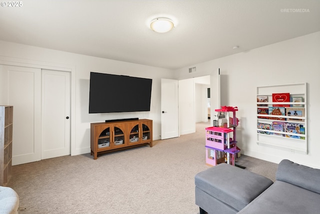 game room featuring visible vents and carpet flooring