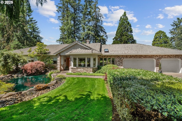 22750 SW Rosedale Rd, Beaverton, OR 97078 - single story home featuring a tiled roof, a garage, a chimney, a front yard, and concrete driveway