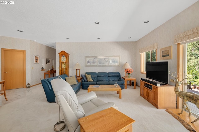 22750 SW Rosedale Rd, Beaverton, OR 97078 - living room featuring wallpapered walls, light carpet, and recessed lighting