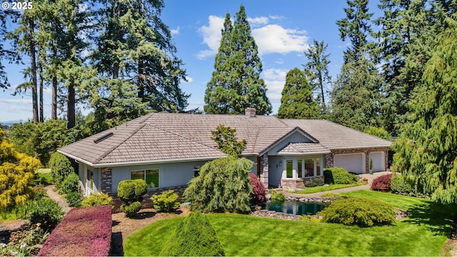 22750 SW Rosedale Rd, Beaverton, OR 97078 - ranch-style home with a tiled roof, stone siding, a chimney, an attached garage, and a front lawn