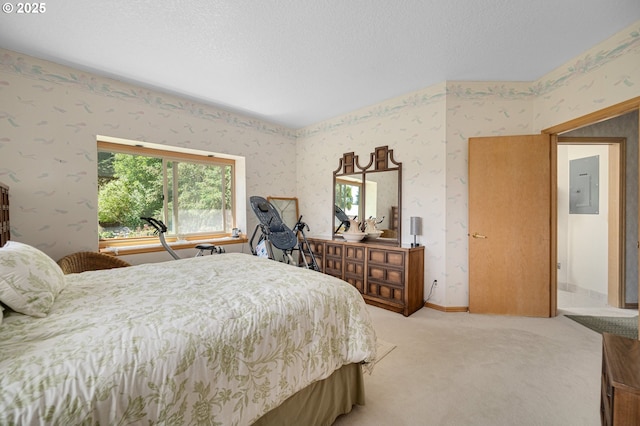 22750 SW Rosedale Rd, Beaverton, OR 97078 - bedroom featuring electric panel, wallpapered walls, carpet, and a textured ceiling