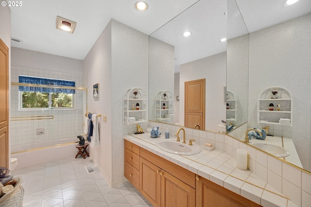 22750 SW Rosedale Rd, Beaverton, OR 97078 - bathroom featuring vanity,  shower combination, recessed lighting, and tile patterned flooring