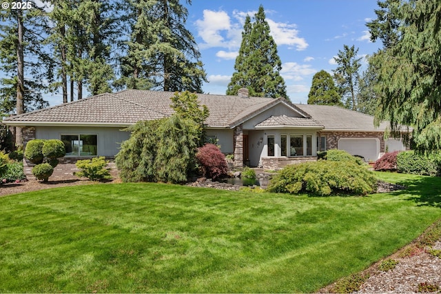 22750 SW Rosedale Rd, Beaverton, OR 97078 - ranch-style house with an attached garage, a tile roof, a front lawn, and a chimney