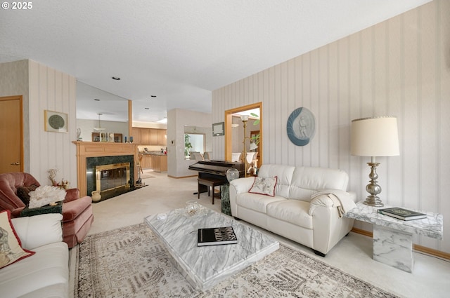 22750 SW Rosedale Rd, Beaverton, OR 97078 - living room with wallpapered walls, carpet floors, and a fireplace