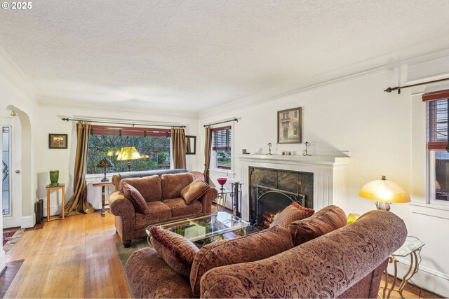 1917 NE Fremont St, Portland, OR 97212 - living area with crown molding, arched walkways, a warm lit fireplace, a textured ceiling, and wood finished floors