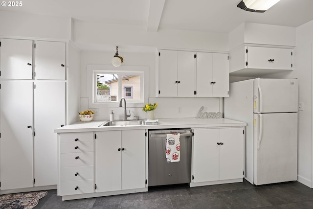 904 NE 78th Ave, Portland, OR 97213 - kitchen featuring dishwasher, a sink, freestanding refrigerator, white cabinetry, and light countertops