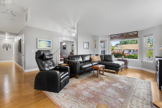 1575 Fairview Pl, Cottage Grove, OR 97424 - living room featuring light wood-type flooring, a ceiling fan, and lofted ceiling