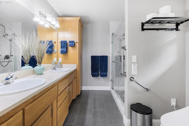 1575 Fairview Pl, Cottage Grove, OR 97424 - bathroom featuring a shower stall, double vanity, and tile patterned flooring