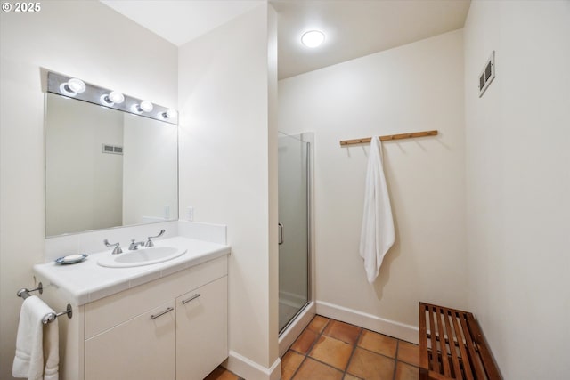 bathroom with vanity, tile patterned floors, and a shower with door