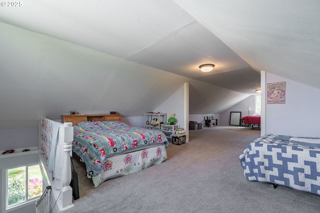 carpeted bedroom featuring lofted ceiling