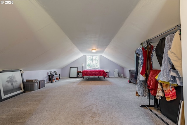 carpeted bedroom featuring vaulted ceiling