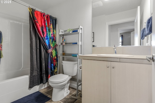 full bathroom with toilet, vanity, tile patterned flooring, and shower / bath combination with curtain