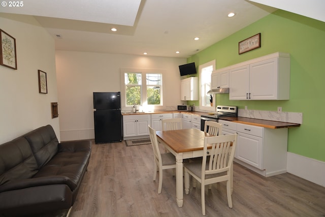 kitchen featuring stainless steel appliances, under cabinet range hood, light wood-style flooring, and white cabinets