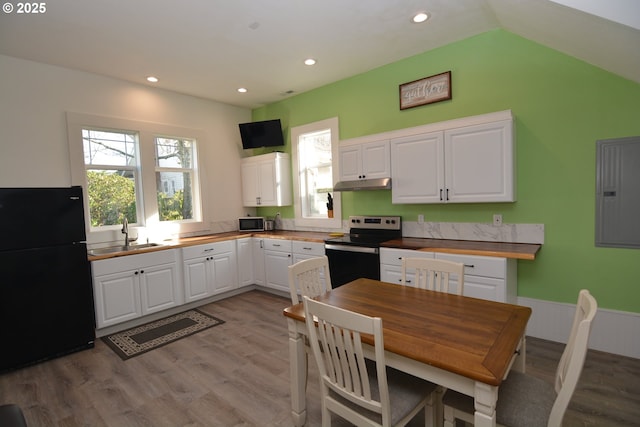 kitchen featuring electric range, electric panel, freestanding refrigerator, under cabinet range hood, and a sink