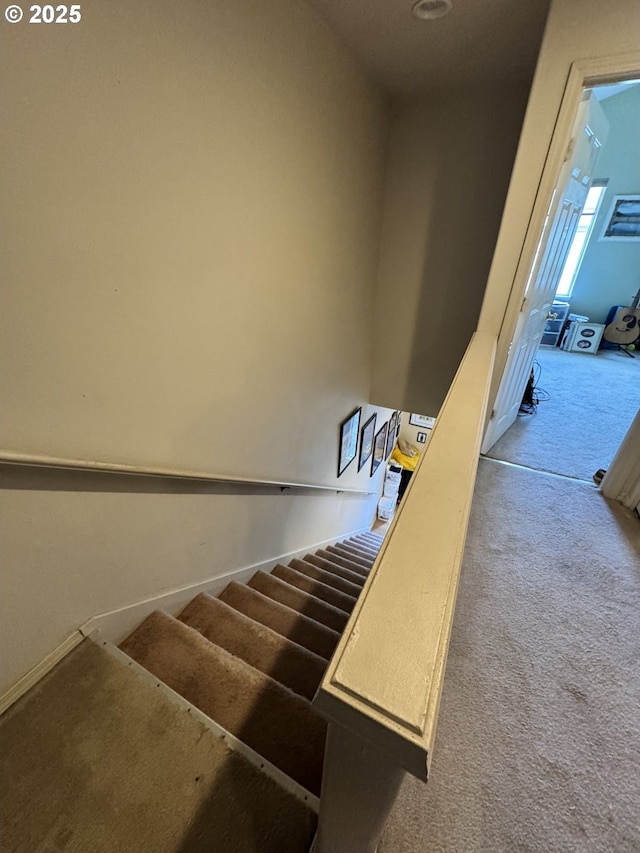 staircase with carpet floors and baseboards