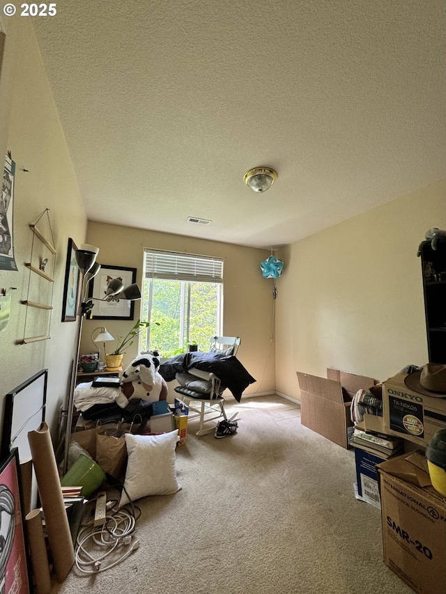 sitting room with carpet and a textured ceiling