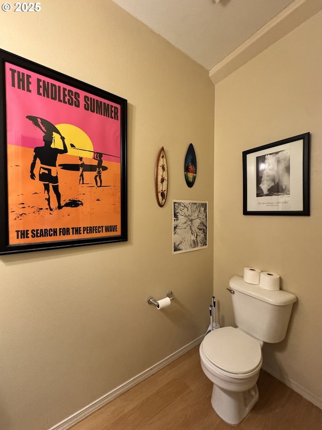 bathroom with toilet, baseboards, and wood finished floors