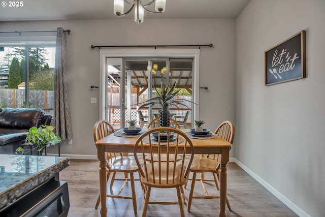 dining area with an inviting chandelier and light wood-type flooring