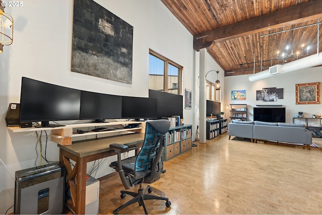 office space featuring beamed ceiling, wood ceiling, visible vents, and high vaulted ceiling