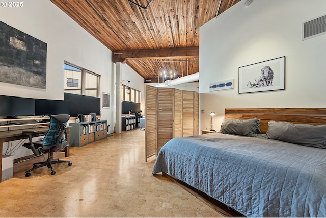 bedroom featuring visible vents, beam ceiling, high vaulted ceiling, concrete floors, and wooden ceiling