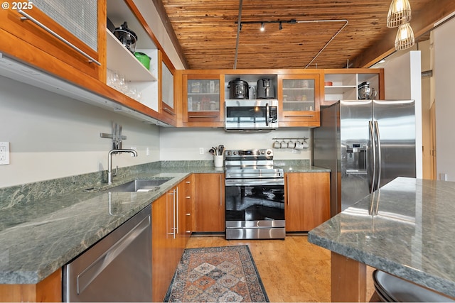 kitchen featuring brown cabinetry, appliances with stainless steel finishes, wooden ceiling, and open shelves